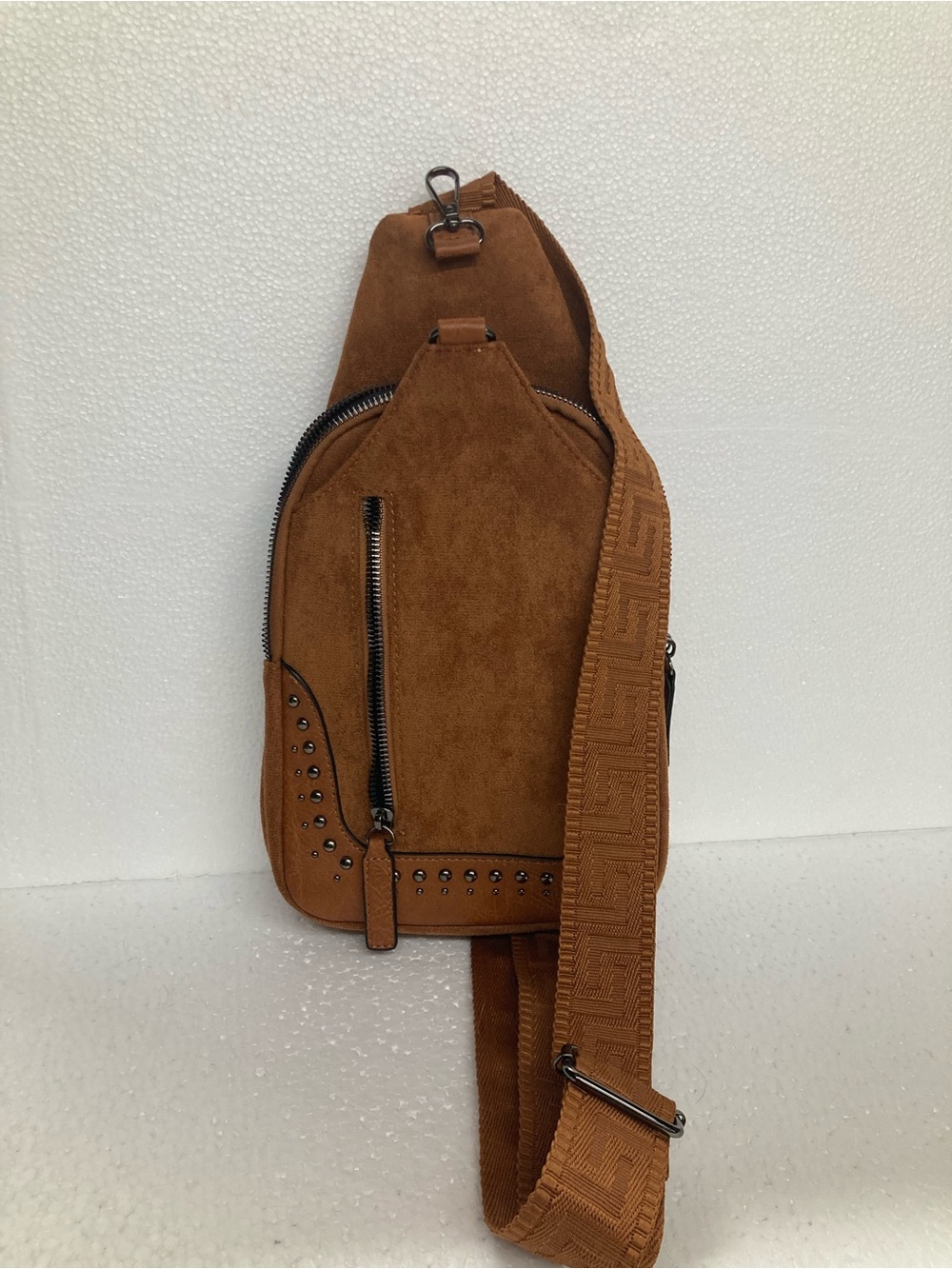Suede Sling Belt Bag in Brown with Stud Detail